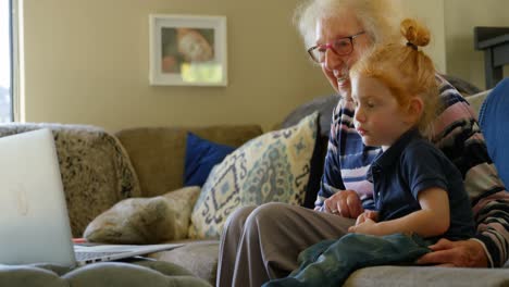 Abuela-Y-Nieto-Usando-Laptop-En-La-Sala-De-Estar-4k