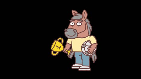 personaje de caballo que muestra una copa de oro y sostiene una pelota de fútbol. animación cuadro por cuadro. canal alfa