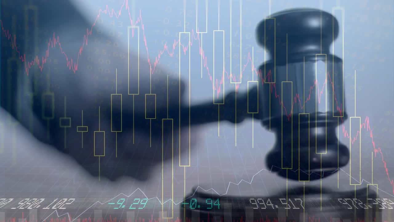 Animation of statistics and financial data processing over auctioneer's hammer