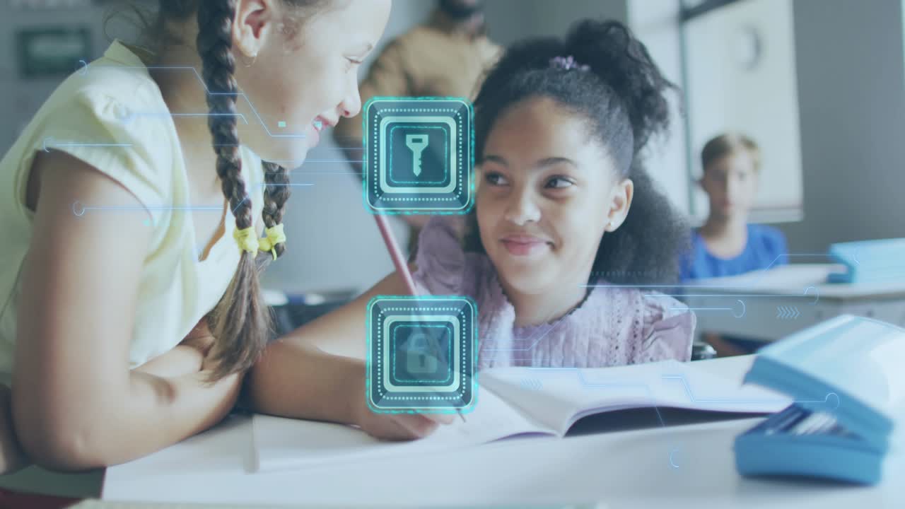 Braided girl glancing at friend, reading textbook and unlocking knowledge with key lock icons