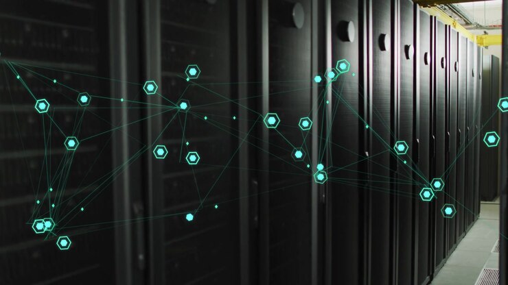 Teal overlay projecting across data center racks, nodes drifting and forming mesh visualizing flow