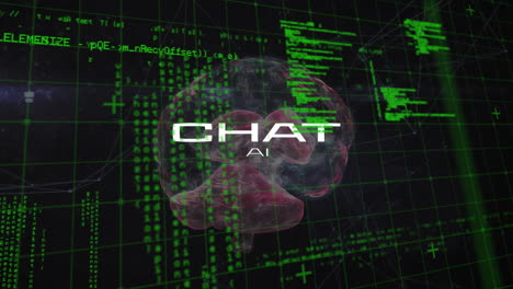 animation of computer language and chat ai text in human brain over black background