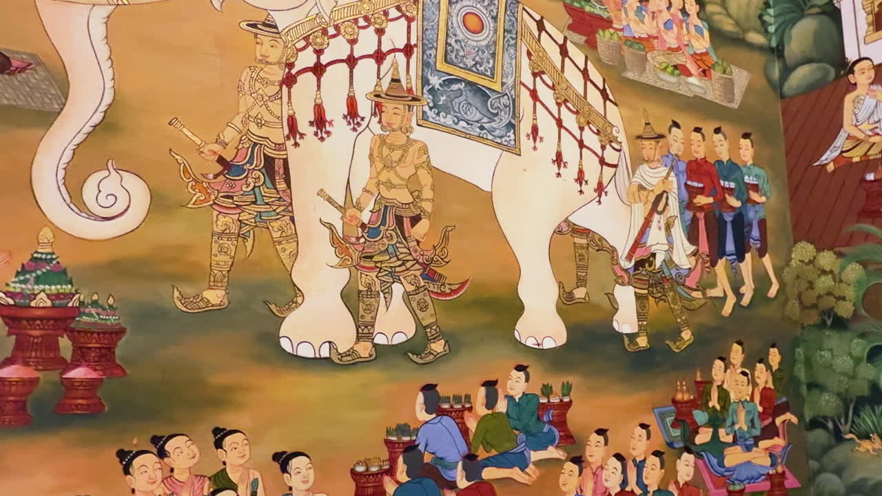 Mural detail showing elephant and praying people inside Wat Chedi Luang, Chiang Mai, Thailand.