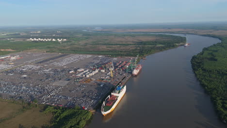 flying over cargo ships moored at terminal zárate port on paraná river, argentina