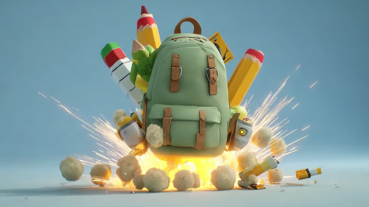 A vibrant and dynamic animated scene featuring a green backpack surrounded by explosive art supplies, illustrating creativity and imagination in a playful and energetic format