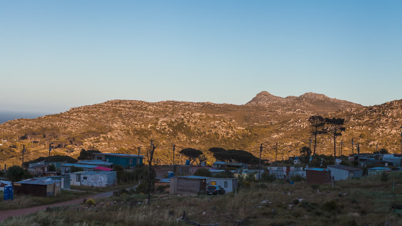 A static time-lapse daytime view captures a settlement with modest homes set against a backdrop of a mountain
