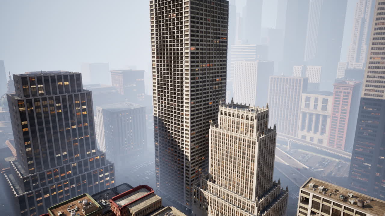 rascacielos cubiertos por la niebla matutina