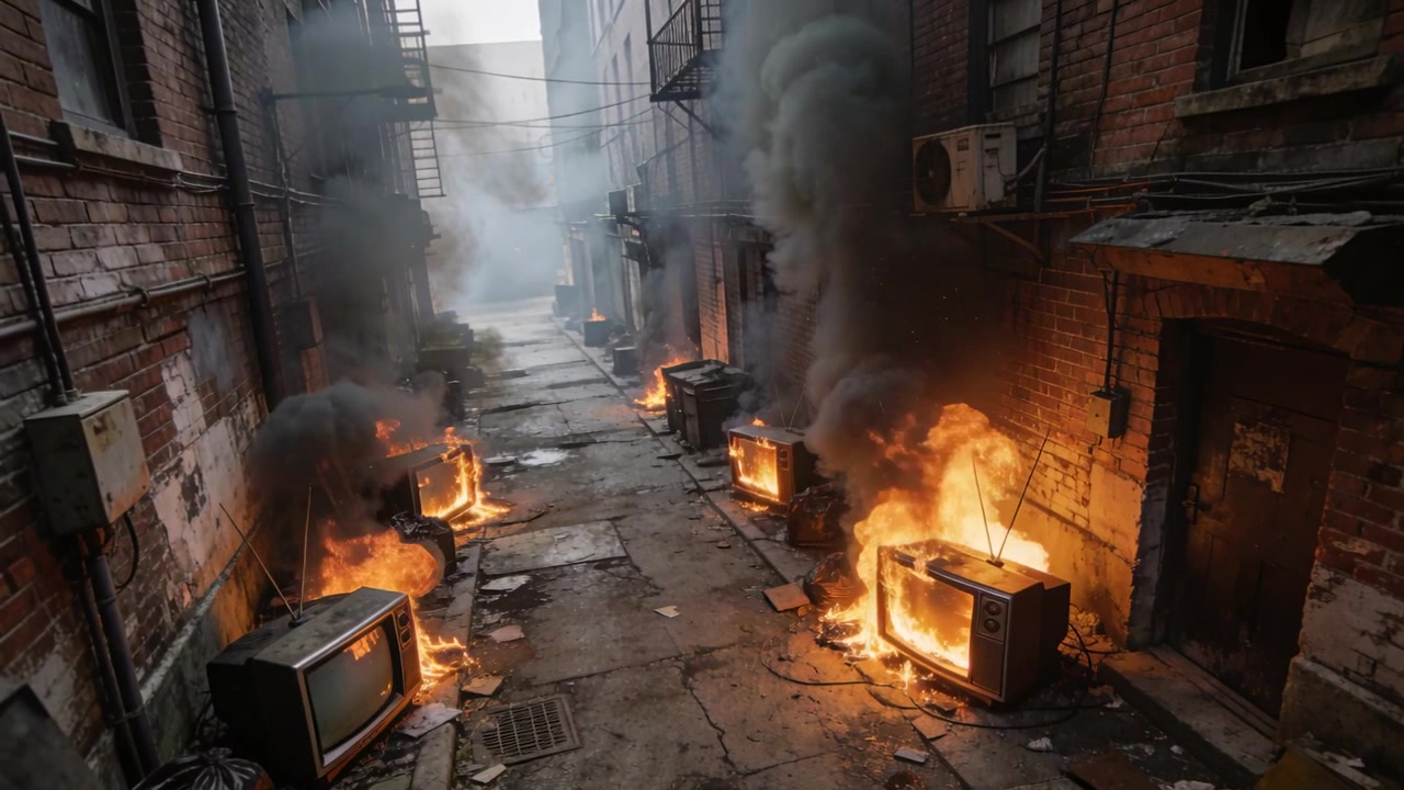 Primo fotogramma: fiamme che divampano da televisori CRT abbandonati che bruciano in un vicolo stretto, sprigionando fumo denso.