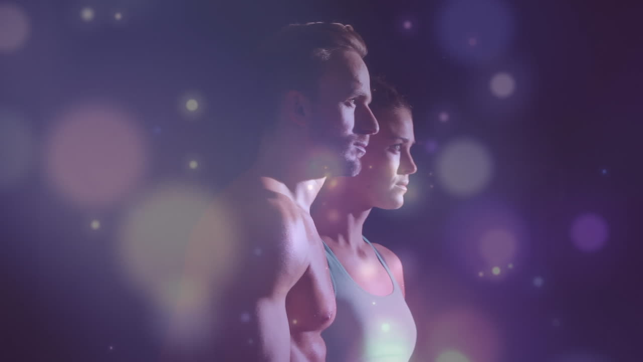 animación de luz brillante sobre hombre y mujer en forma caminando