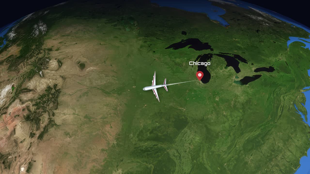 Satellite animation shows an airplane flying from Chicago to Los Angeles across the United States