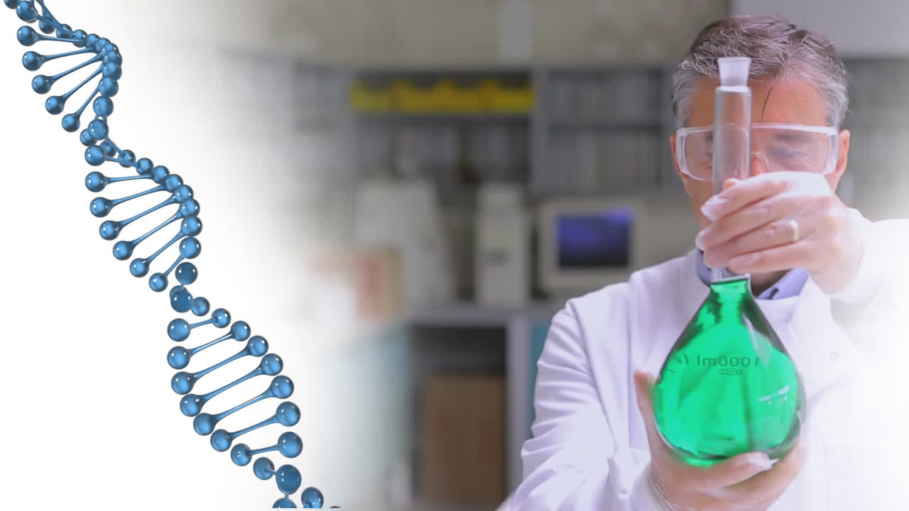 Animazione di un filamento di DNA che ruota su scienziato in laboratorio