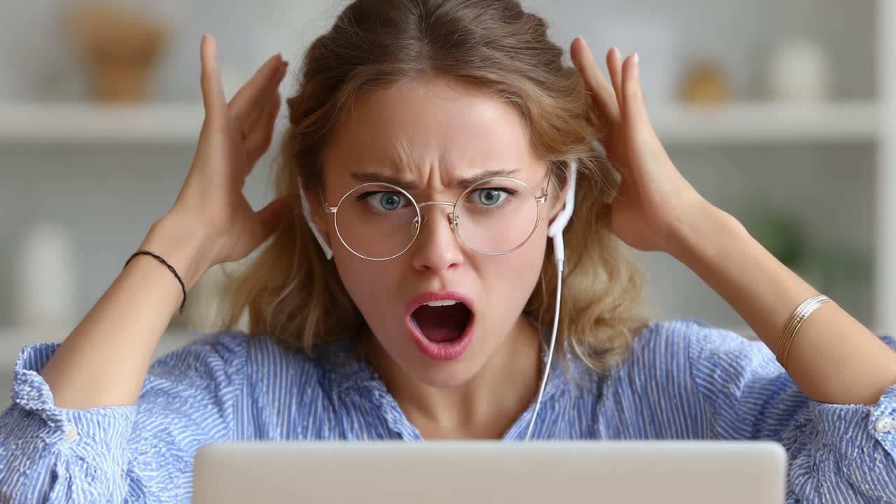 Frustration and Anger: A Young Woman Expresses Her Emotions While Working on Her Laptop with Headphones in a Bright Setting