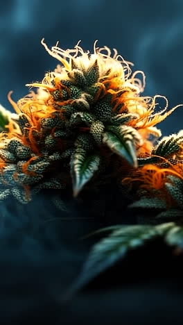 cannabis flower in smoke. cannabinoid-rich flowers showcase vibrant orange pistils surrounded by lush green leaves in a mysterious atmosphere.
