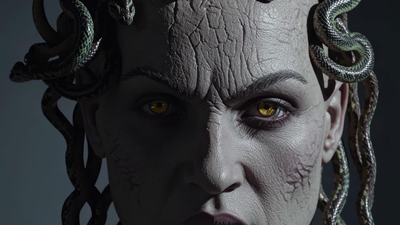 Medusa, a monstrous figure from Greek mythology, glares intensely with golden eyes, her hair composed of venomous snakes, conveying danger and a terrifying presence