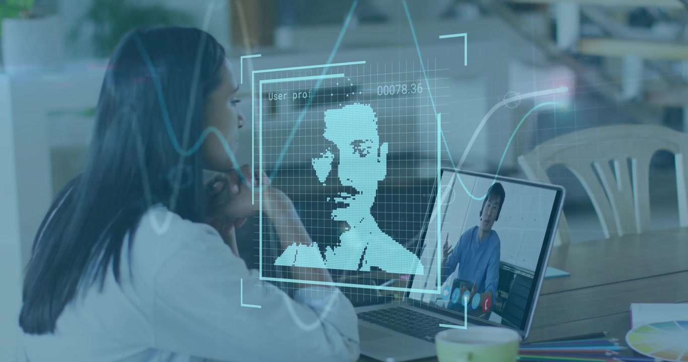 Animation of graphs and user photos over woman having video call on laptop