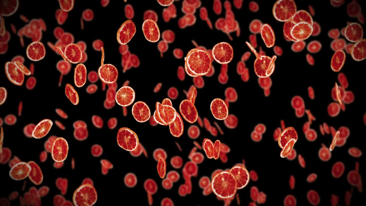 volando muchas naranjas secas en fondo negro. frutas deshidratadas, concepto de alimentos. animación 3d de frutas cortadas naranjas girando. animación de bucle.