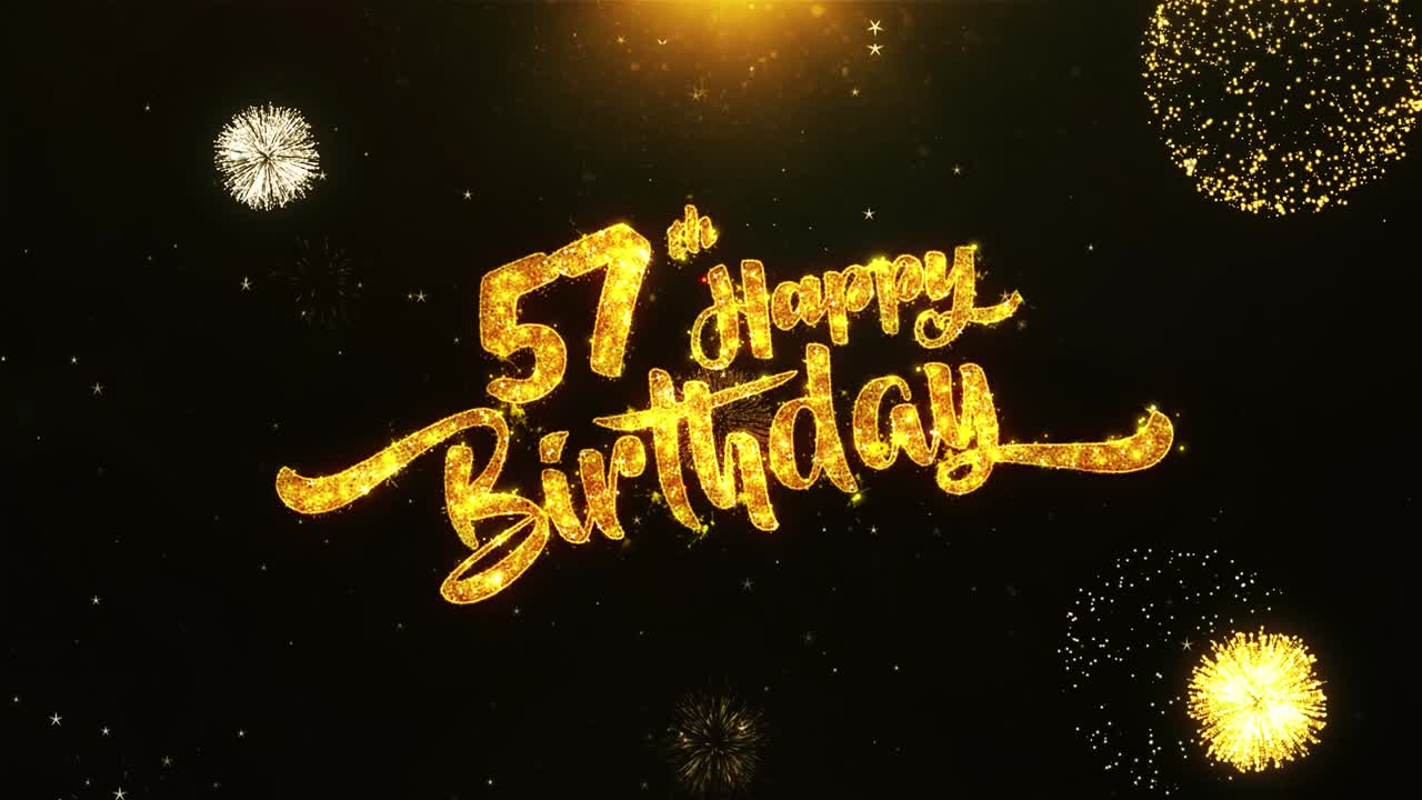 金色の花火のグリッター粒子で作られた、57歳の誕生日を祝うテキストメッセージと願いのカード