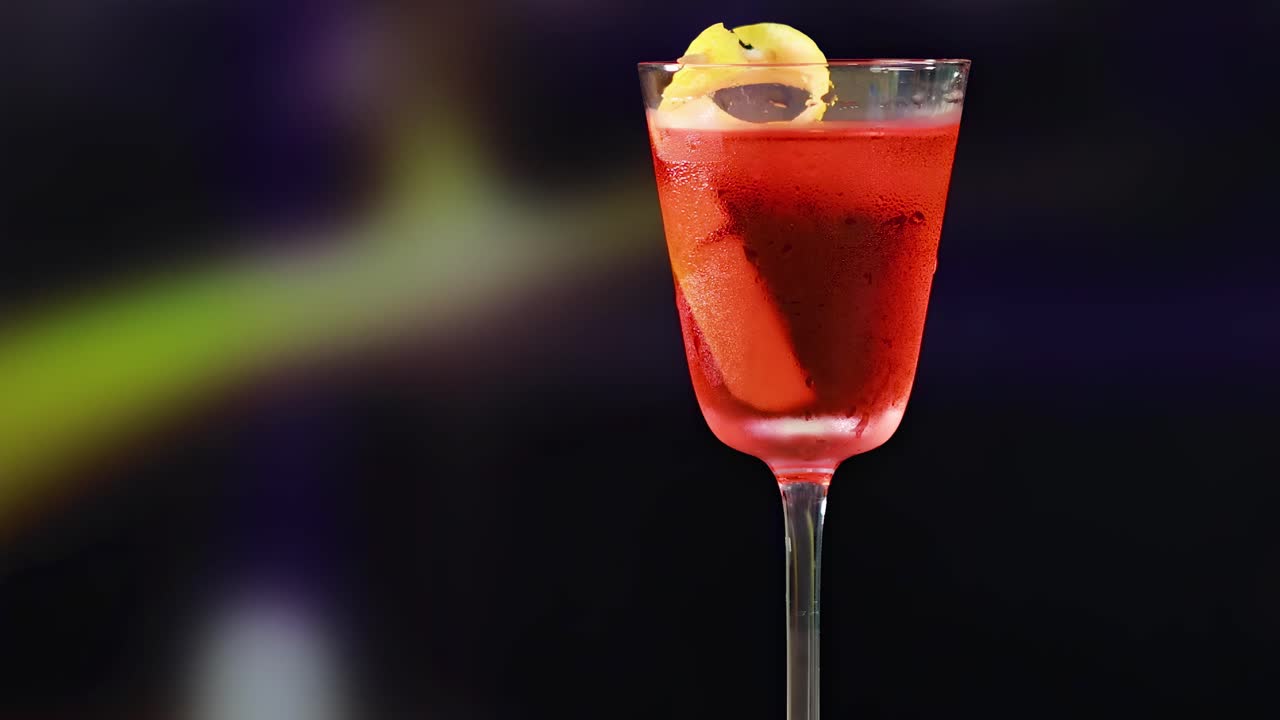 A vibrant red cocktail with an orange garnish is showcased against a blurred, colorful background.