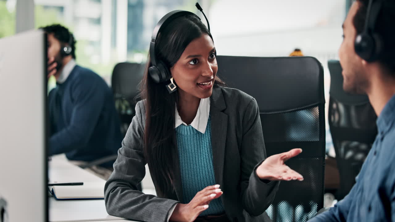 Young Woman Customer Service Agent Talking in Modern Office