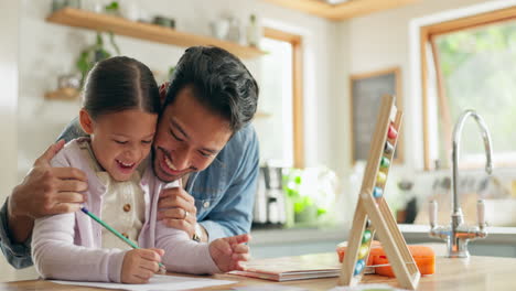 homework, father and girl with education