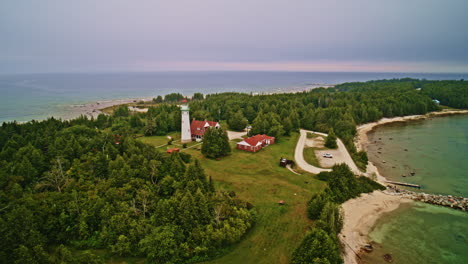 drone shot panning and dipping around lake michigan lighthouse