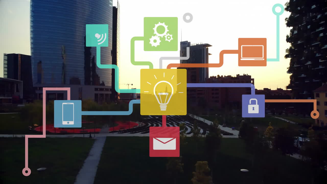 도시 풍경 위에 디지털 아이콘으로 연결된 네트워크의 애니메이션