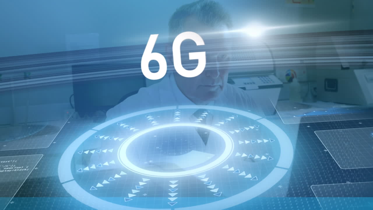 데이터 프로세싱의 애니메이션과 6g 텍스트를 통해 실험실에서 백인 남성 의사