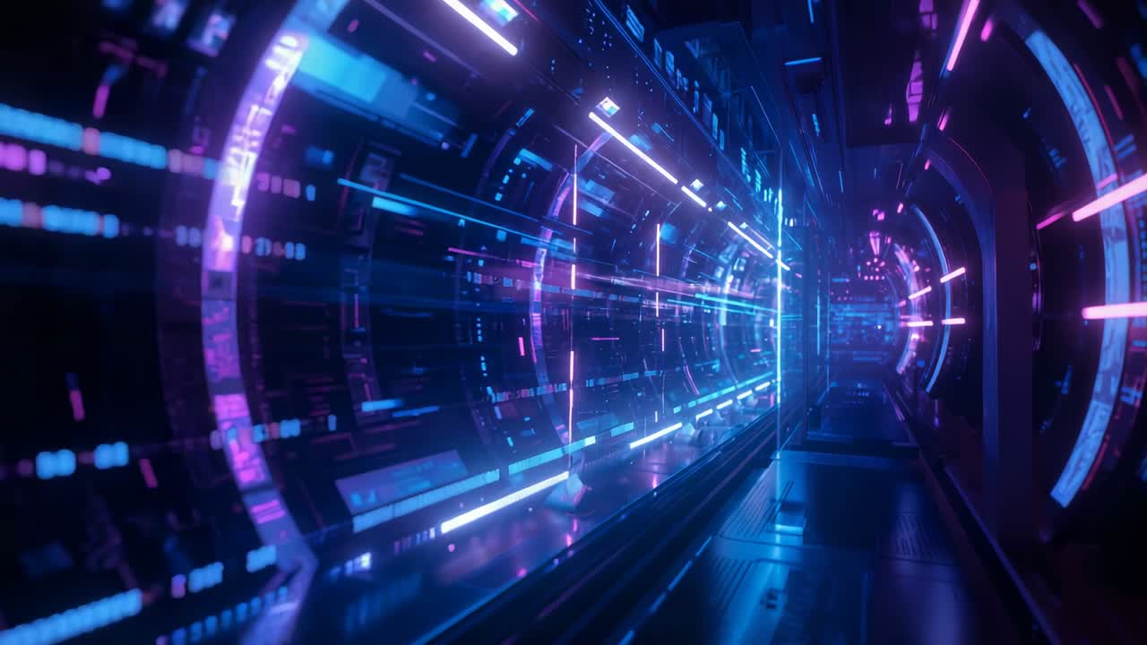 Initiating shift, camera gliding forward through neon-lit corridor, with light strips for data flow