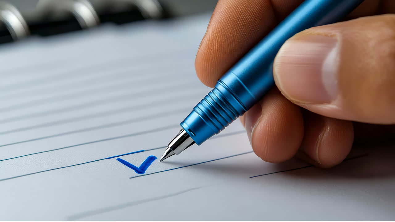 Writing a checklist on paper with pen. A hand holds a blue pen while marking a box on lined paper during a task or planning session
