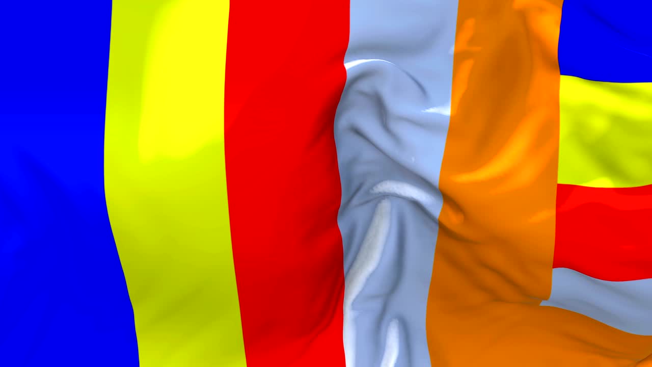 Buddhist Flag Waving in Wind Slow Motion Animation . 4K Realistic Fabric Texture Flag Smooth Blowing on a windy day Continuous Seamless Loop Background.