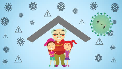 animación de una familia abrazándose sobre un fondo azul
