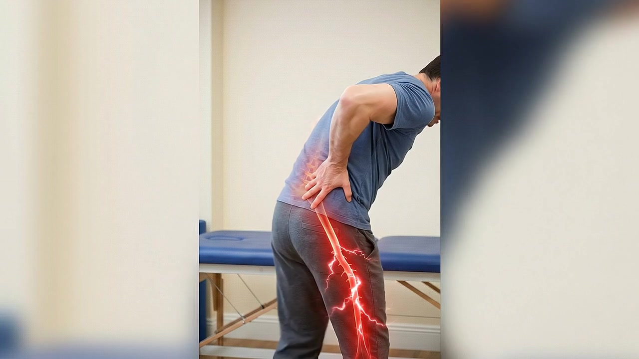 Rear view of man pressing painful lower back inside bright room with visible discomfort