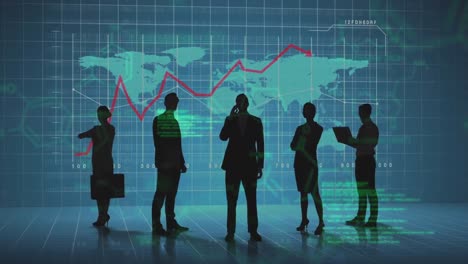 animation of data processing over world map and business people silhouettes