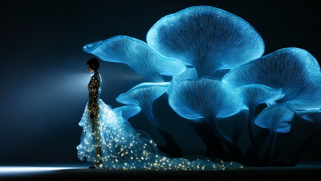 A Stunning Display of Fashion and Fantasy: A Model Adorned in a Sparkling Gown Stands Gracefully Amongst Luminous, Bioluminescent Mushrooms in a Dreamlike Environment