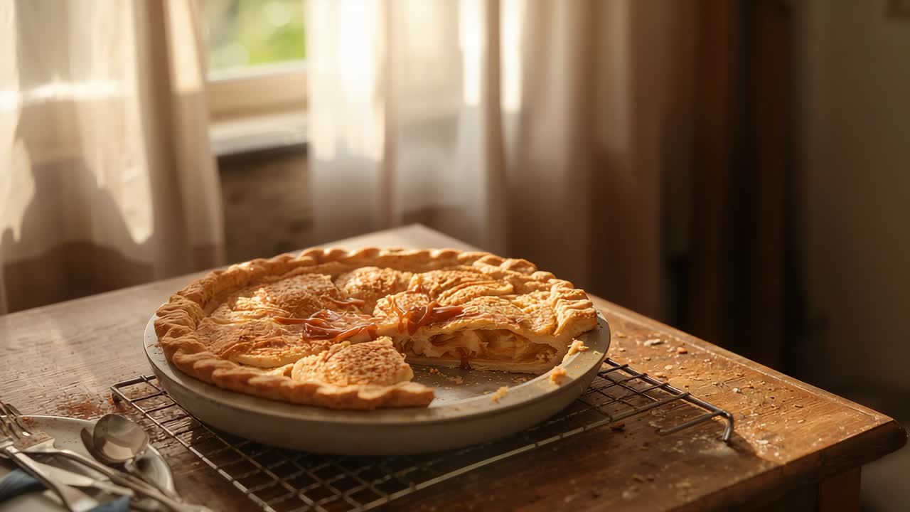 Pulling back camera revealing kitchen table by window, showing baked pie in ceramic dish on rack