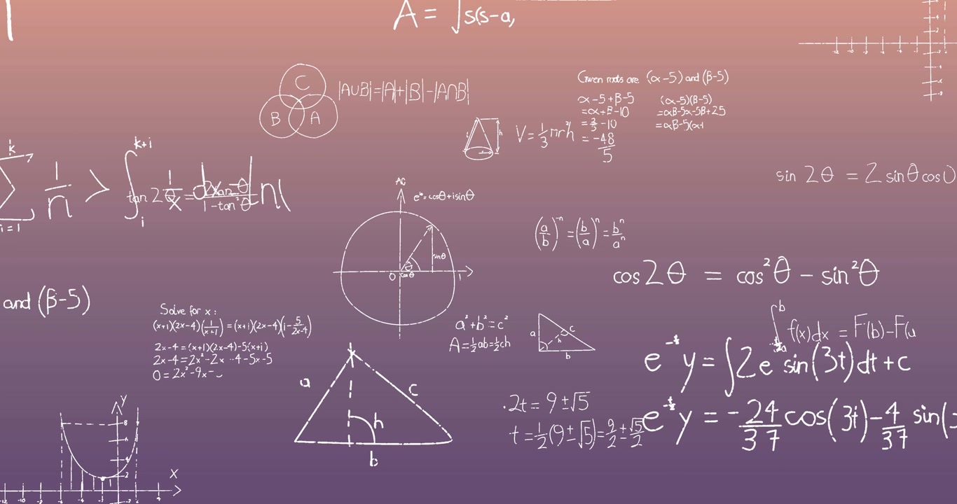 Animation of mathematical equations and formulas floating against purple gradient background