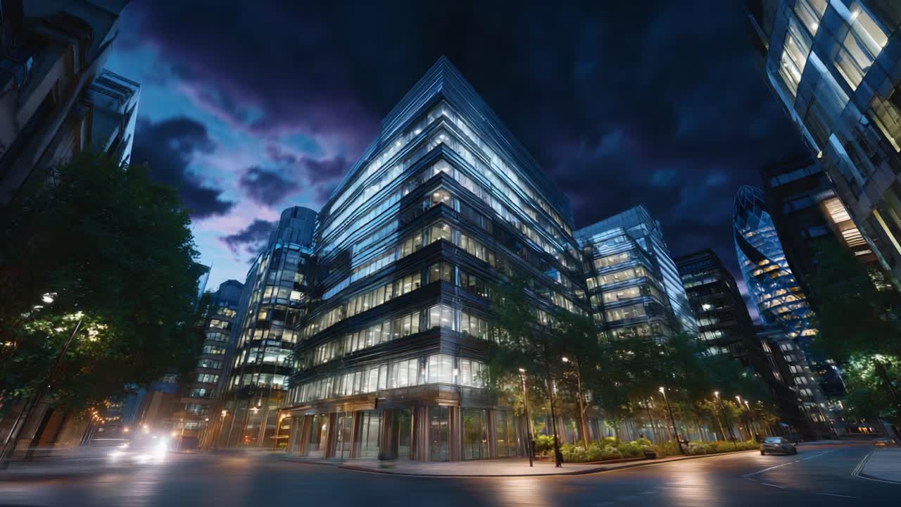 Paisagem noturna da cidade: edifícios modernos iluminados cercados por céus escuros e elementos urbanos, capturando a essência da arquitetura contemporânea e da vida na cidade