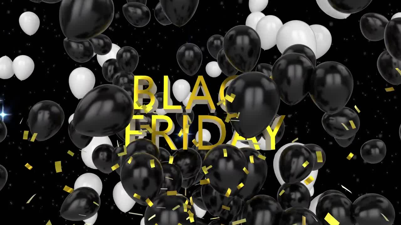 animación del texto del viernes negro, confeti cayendo y globos volando sobre un fondo negro