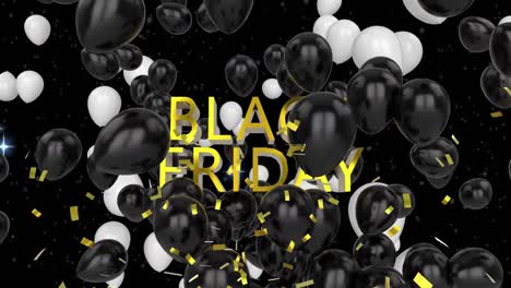 animación del texto del viernes negro, confeti cayendo y globos volando sobre un fondo negro
