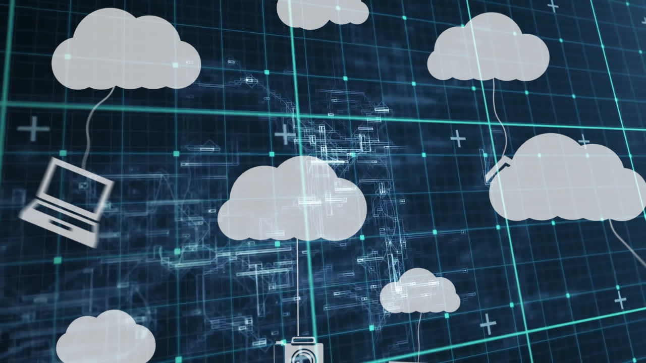 Animation of cloud computing icons with digital connections on blue grid background