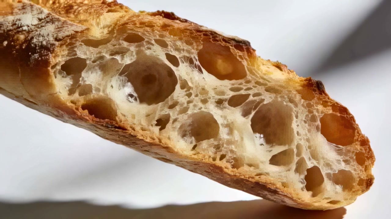 Un primo piano della telecamera rivela l'estremità di una baguette che ruota sotto la luce in studio, mostrando la mollica aperta e la crosta.