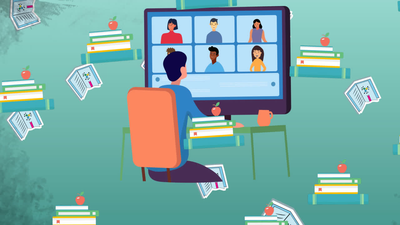 Animation of school items icons moving on green background