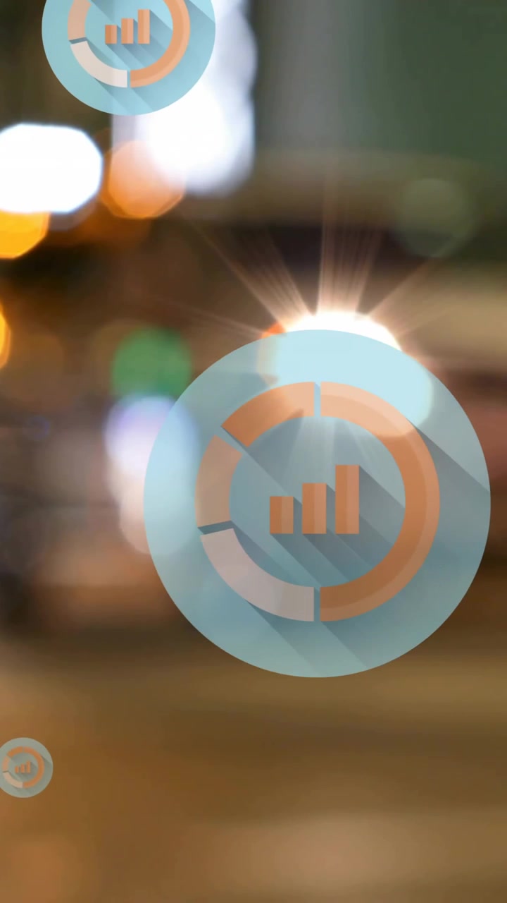 Animation of graph icons over blurred vehicles stopped on signal and diverse people crossing street