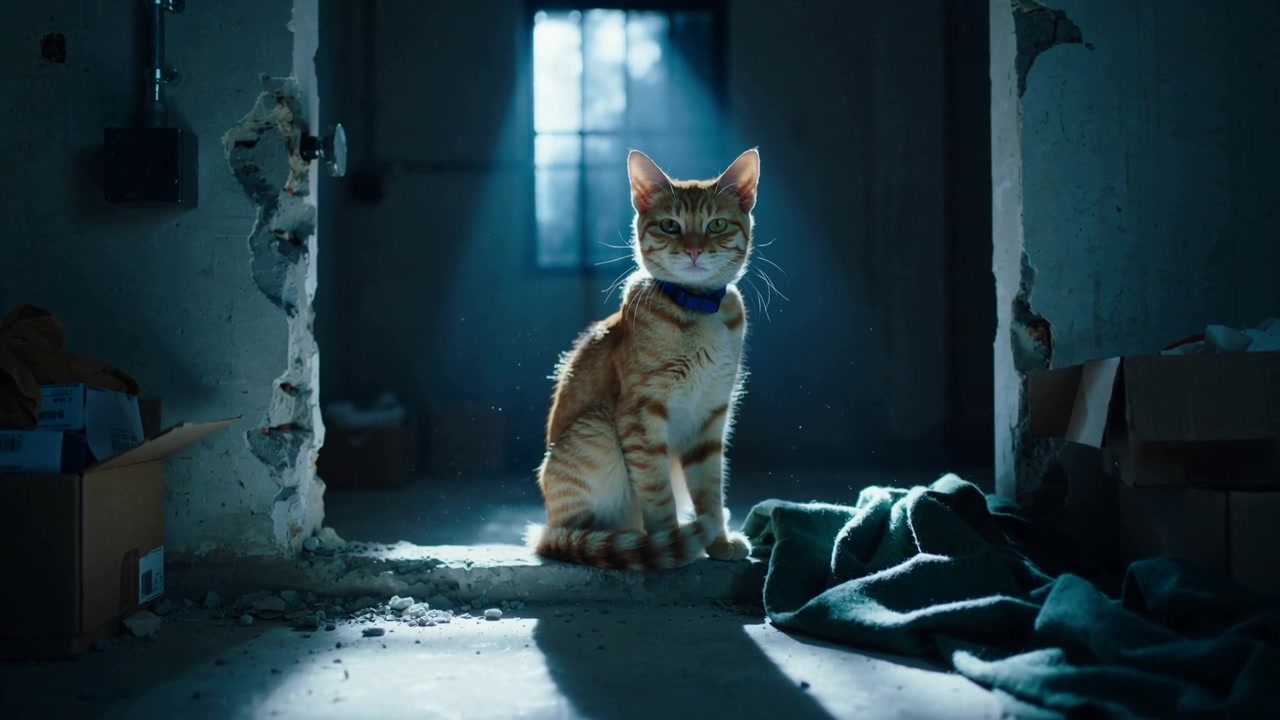 Reagindo a um feixe de luz, gato malhado laranja se movendo na soleira em quarto dilapidado, coleira azul.