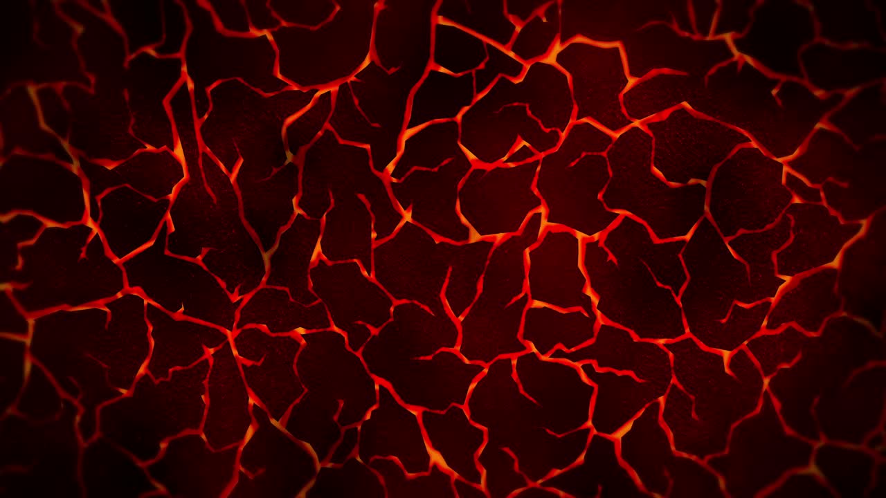 Mørk baggrund med rød revnet jord. Røg, Tåge, Støv. Loop animation af smeltet lava. Jordoverflade. Brændende varmt gulv