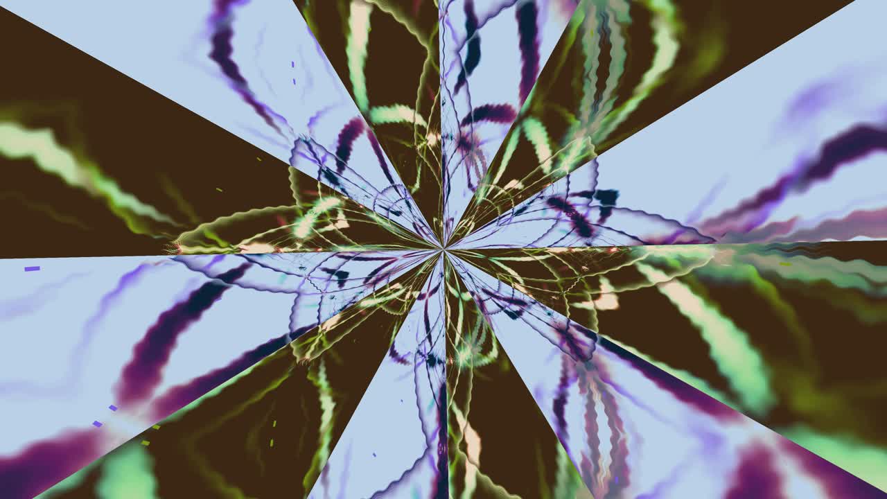 Een heldere tunnel gevuld met levendige kleuren en wervelende patronen creëert een visuele ervaring. Deze loop is ontworpen voor vj's om live optredens te verrijken.