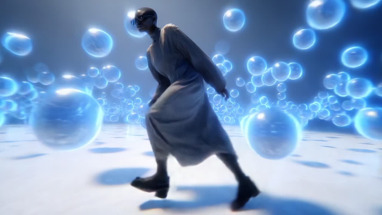 A figure gracefully glides through an ethereal world filled with luminous blue bubbles, creating a surreal atmosphere that blends fashion and artistry in a captivating sci-fi environment