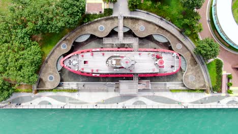 Hong-Kong-waterfront-decommissioned-Fireboat-museum-and-exhibition-gallery-named-after-Alexander-Grantham,-Aerial-view