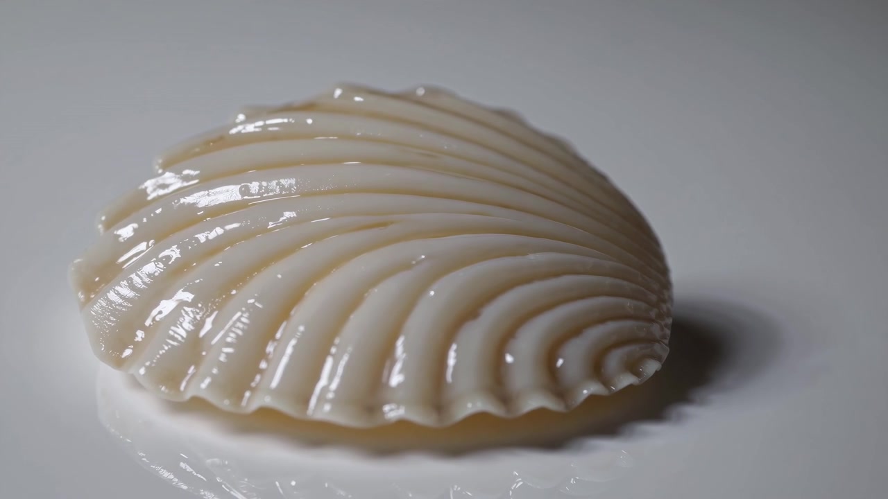 Close-up of a White Scallop Shell on a Reflective Surface