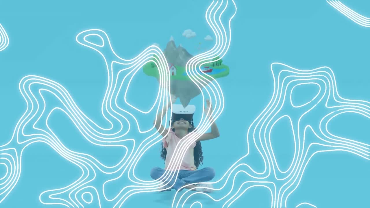 파란색 배경에 vr 헤드 ⁇ 을 착용 한 소녀 위에  ⁇  줄의 애니메이션